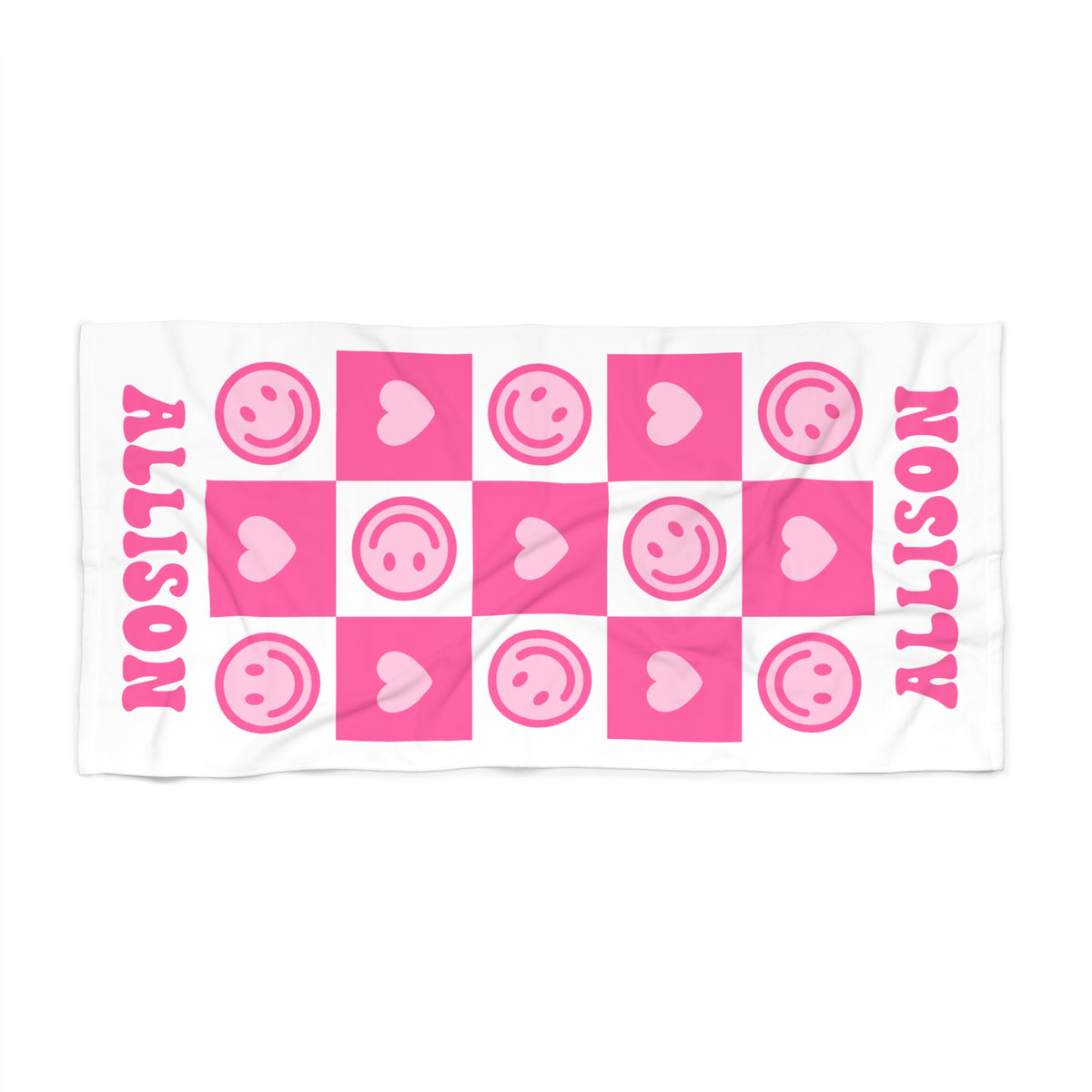 Custom Name Checkered Smiles and Hearts Pink Beach Towel