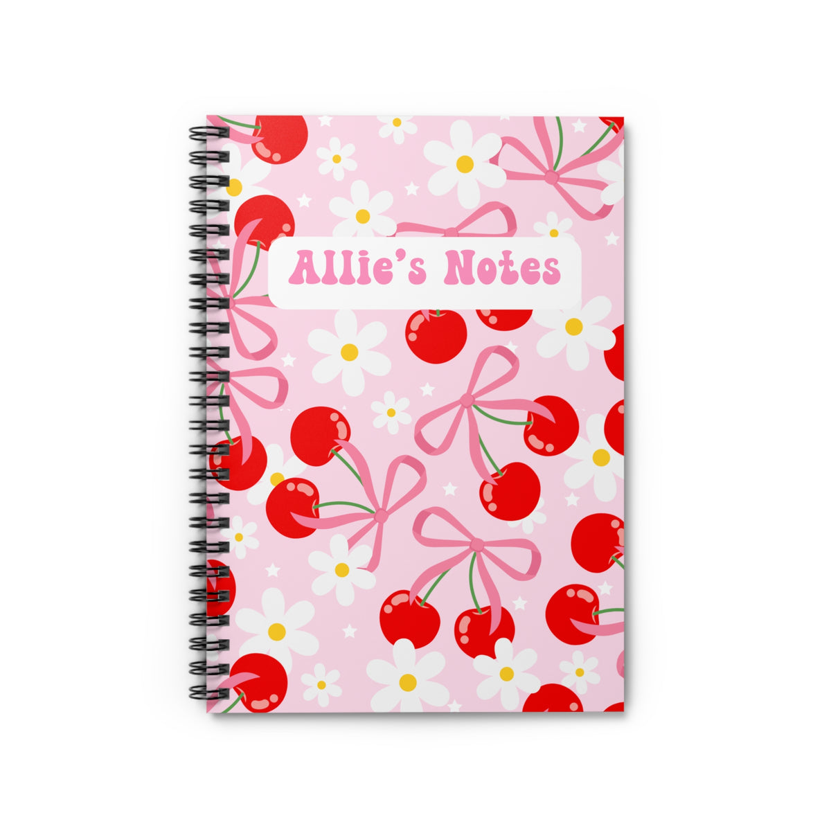 Custom Name Cherries with Pink Bows Spiral Notebook - Ruled Line