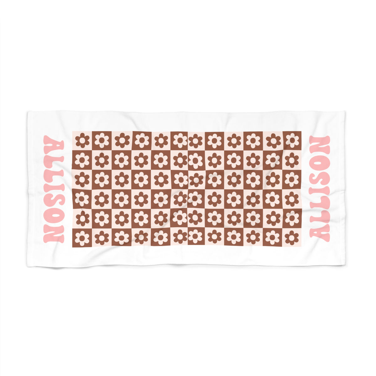 Custom Name Checkered Flowers Beach Towel