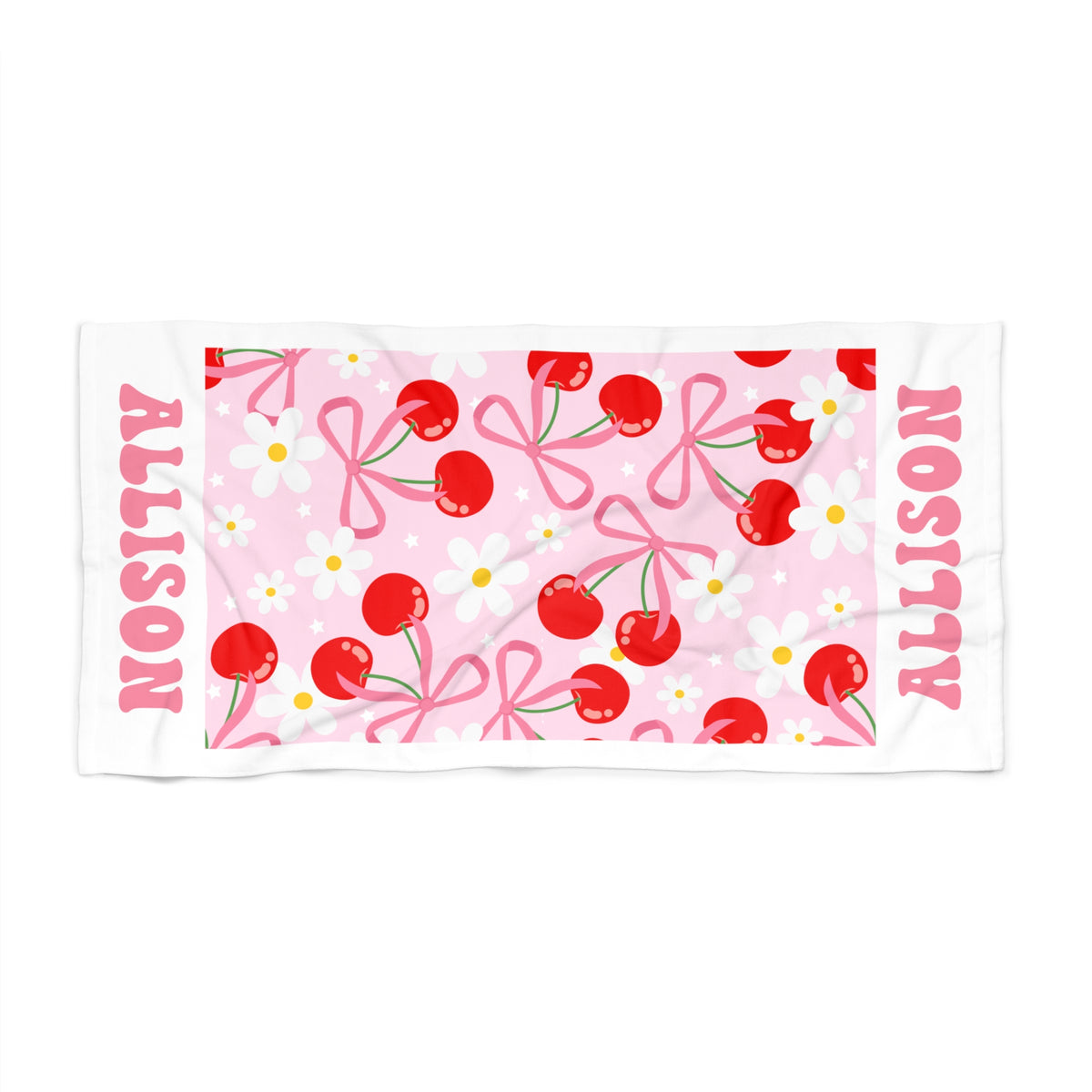 Custom Name Pink Bow Cherries and Flowers Beach Towel