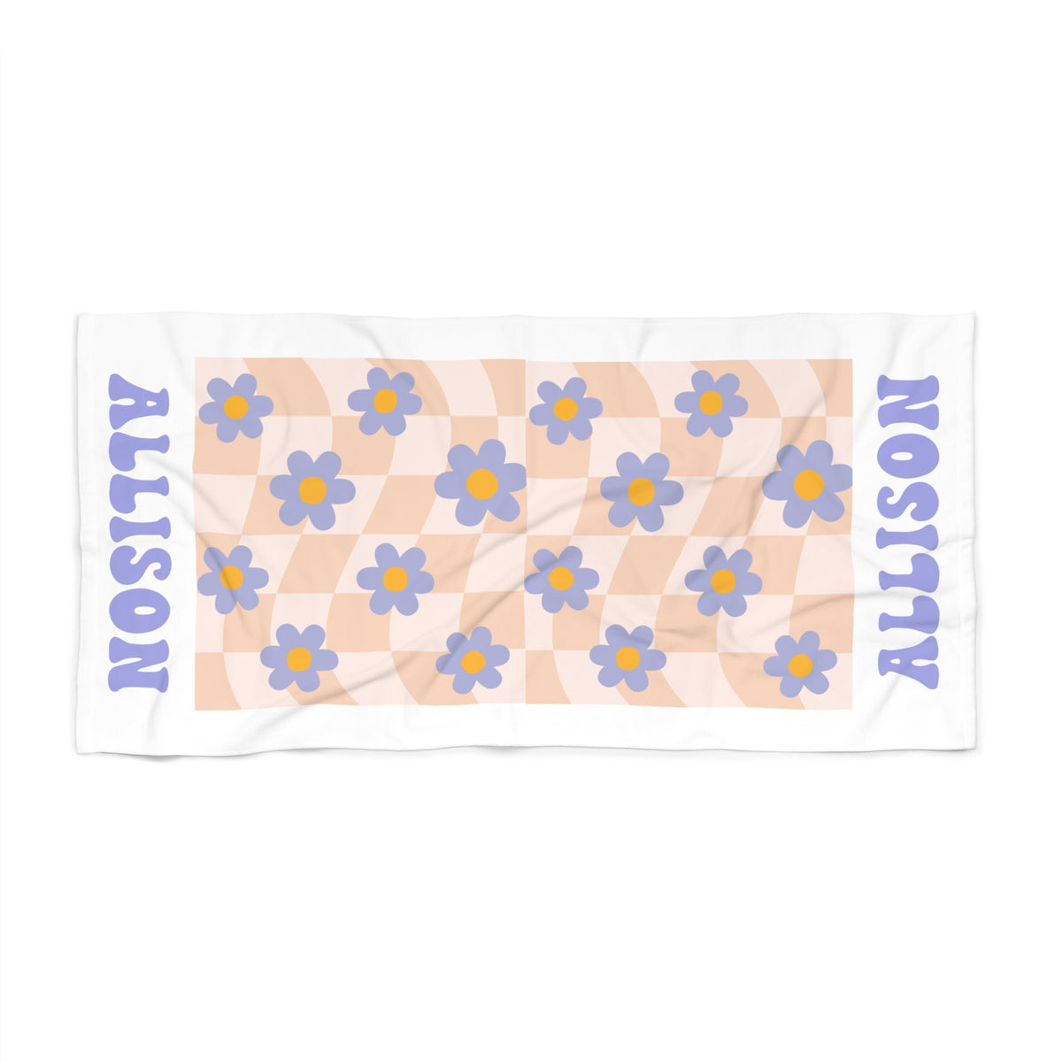 Retro Checkered Purple Flowers Custom Name Beach Towel