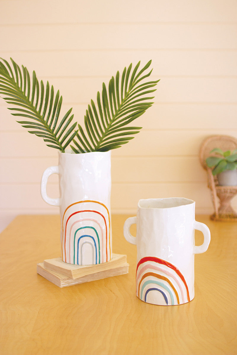 Set of 2 Ceramic Rainbow Vases with Handles