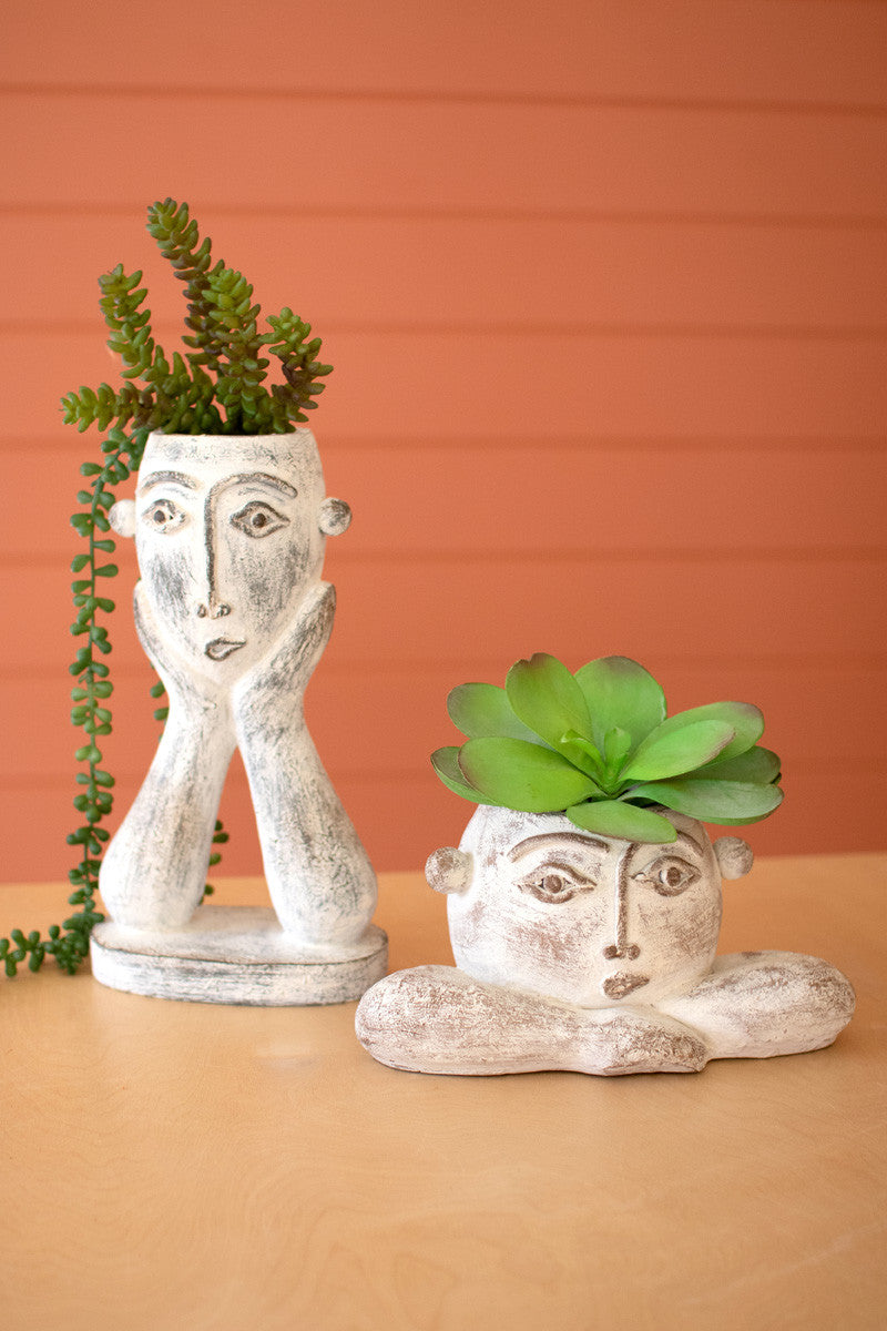 Set of 2 Painted Resin Face Planters