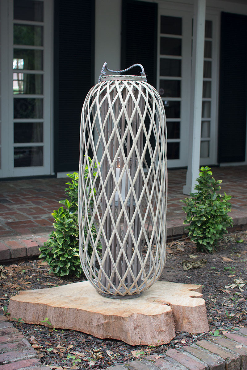 Tall Grey Willow Lantern with Glass \ Large