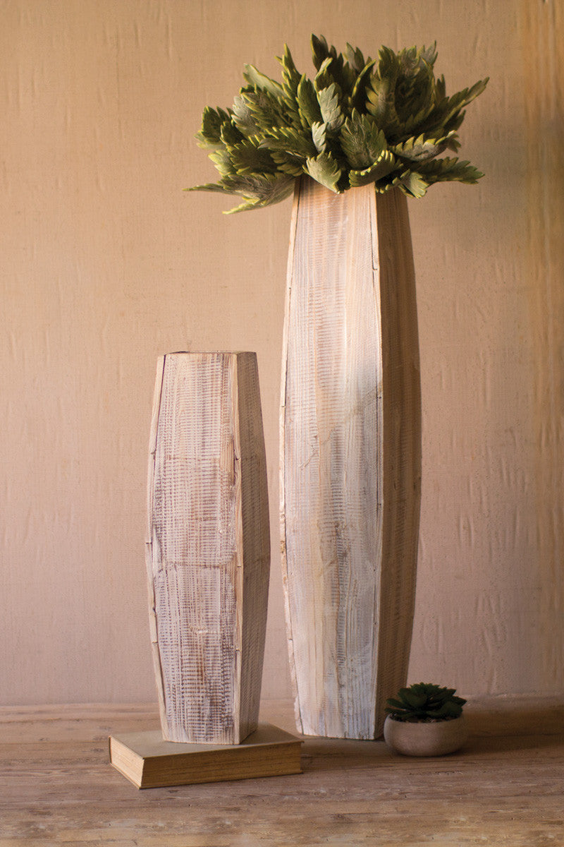 Set of 2 White-Washed Tall Oblong Wooden Vases