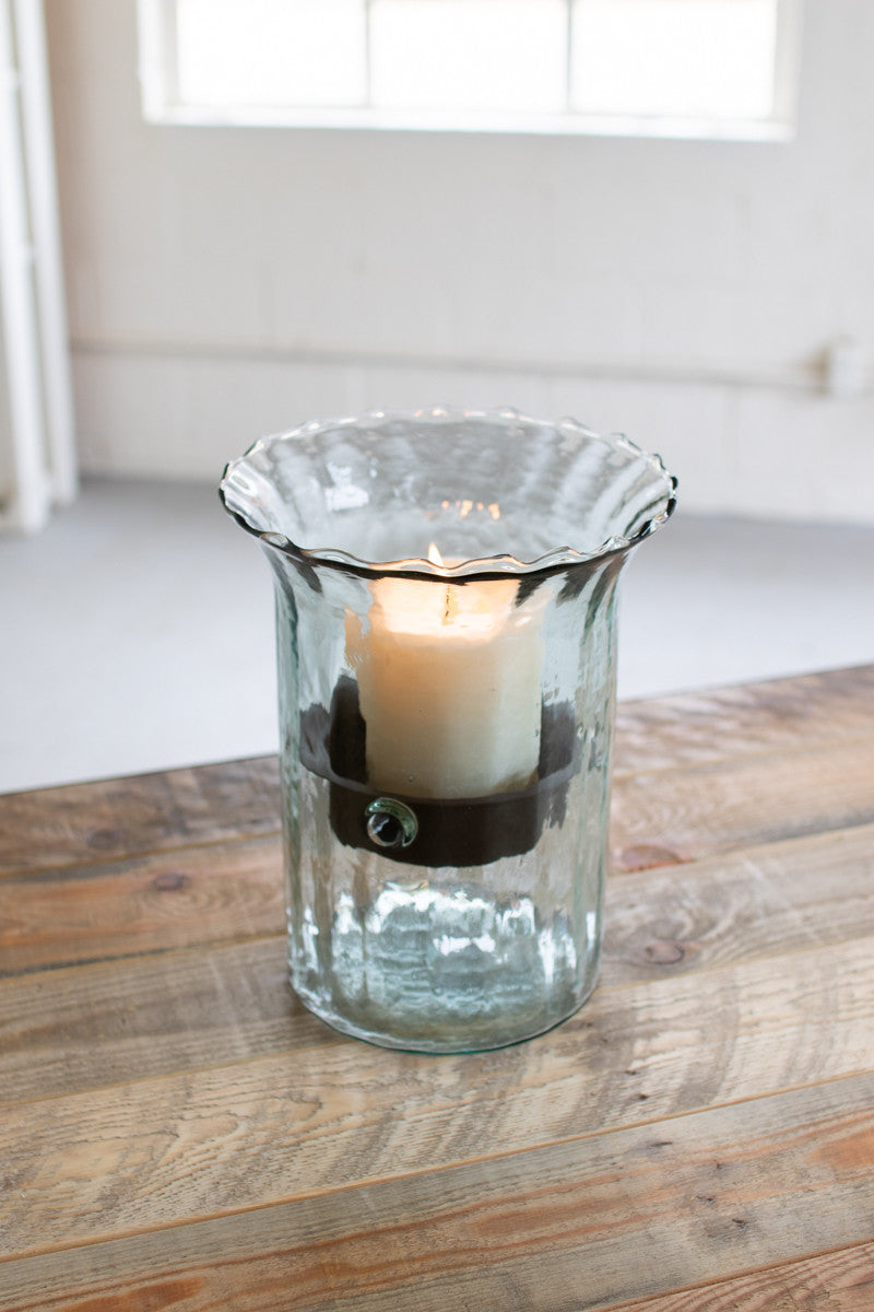 Ribbed Glass Candle Cylinder with Rustic Insert \ Small