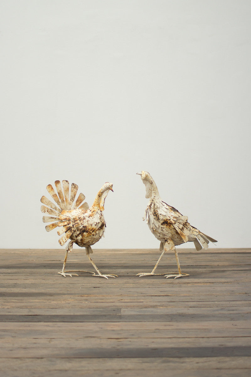 Set of 2 Antique White Metal Turkeys