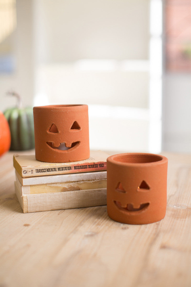 Set of 2 Short Terracotta Jack-O-Lantern