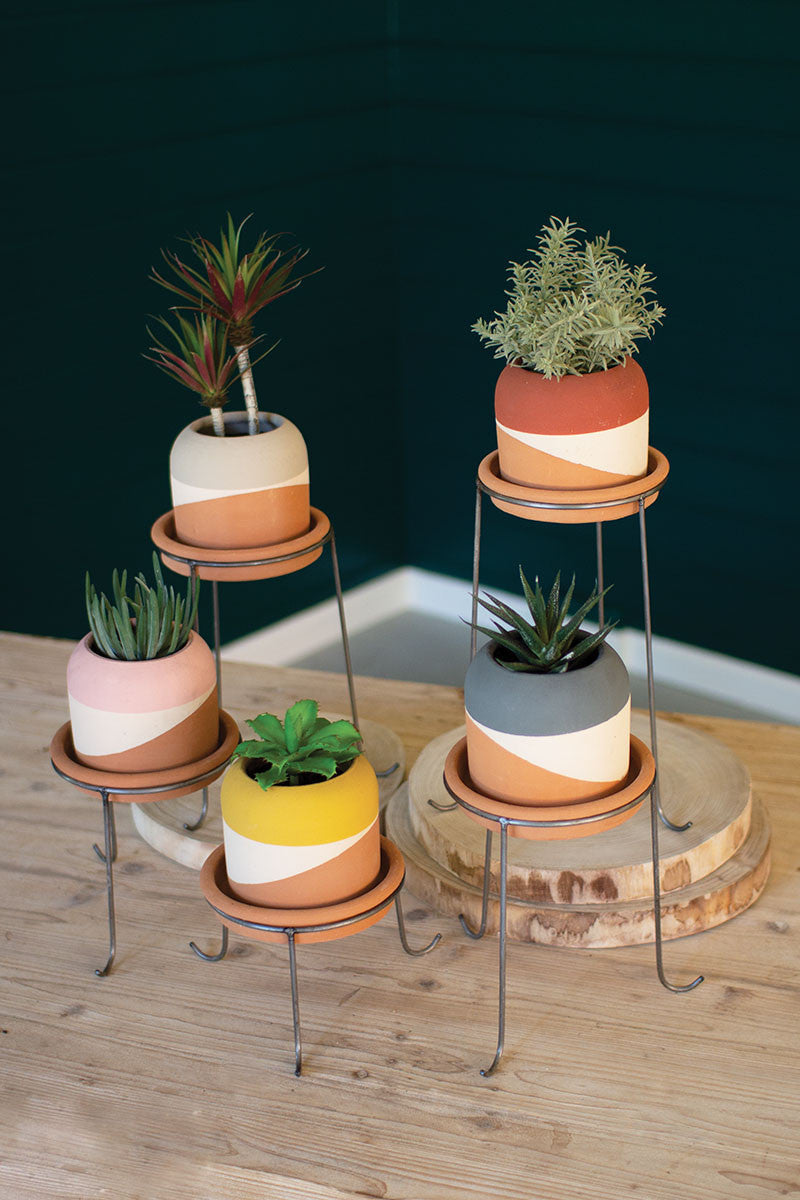 Set of 5 Color Dipped Clay Pots with Metal Bases