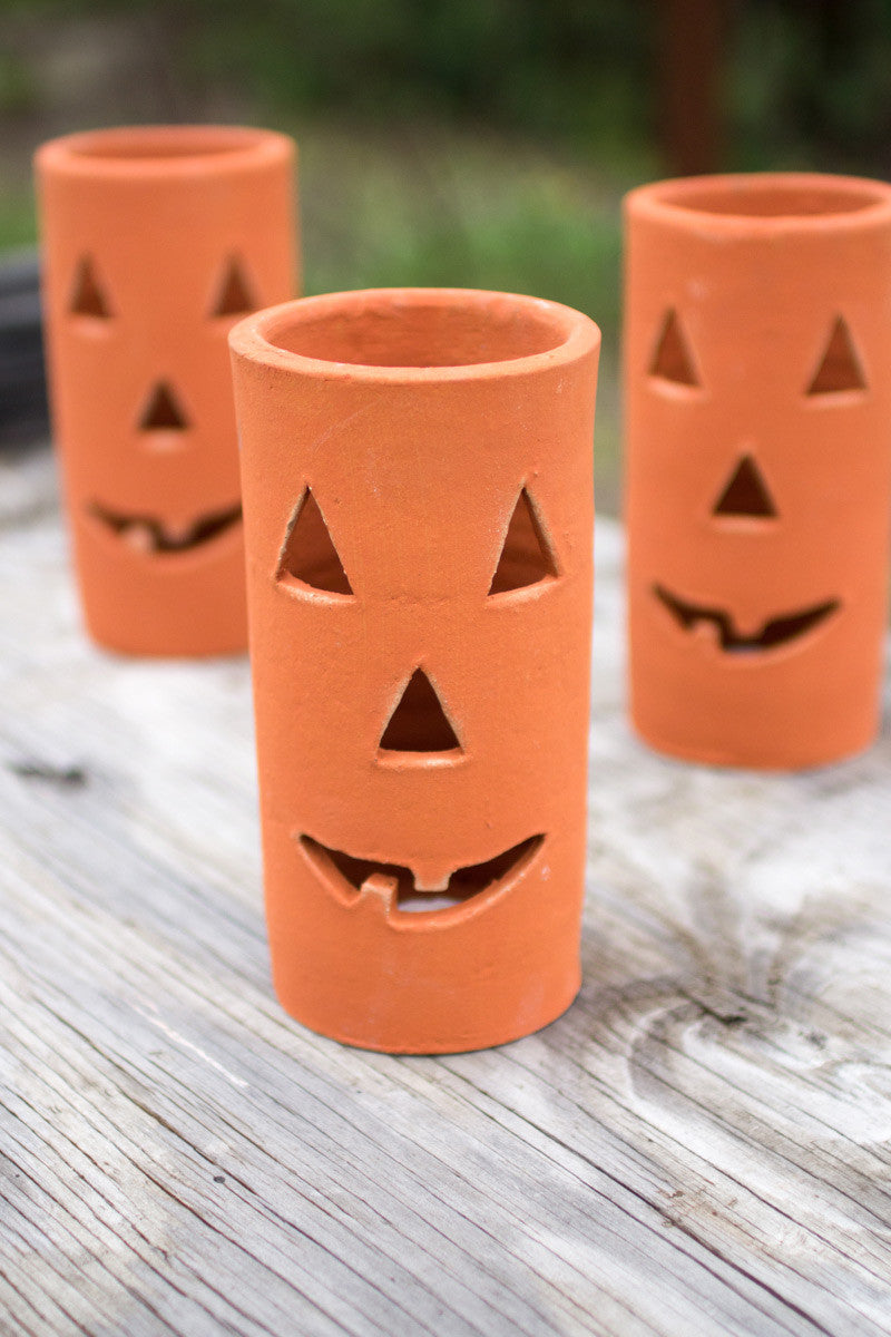 Set of 3 Tall Terracotta Jack-O-Lantern