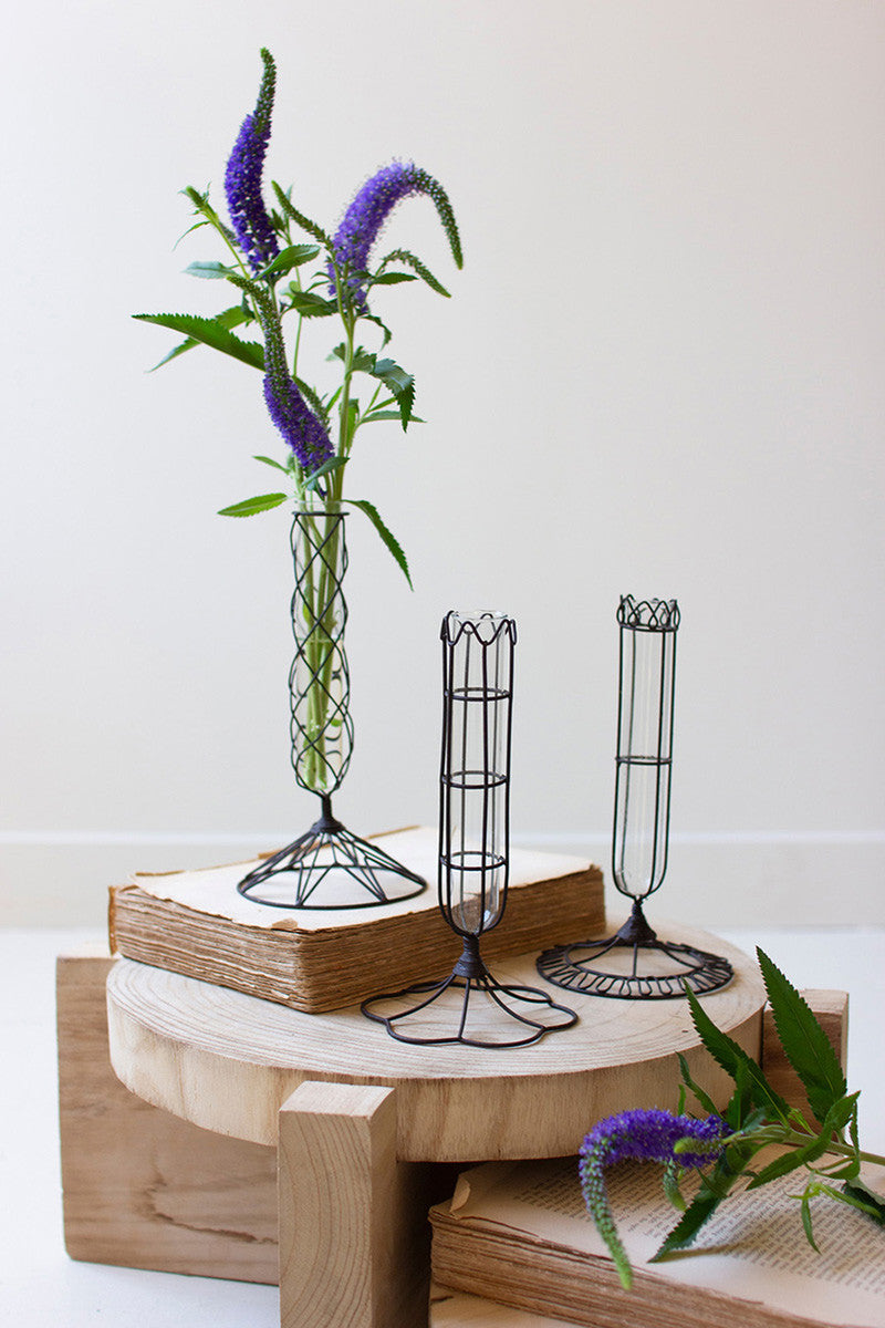 Set of 3 Wire Wrapped Glass Bud Vases