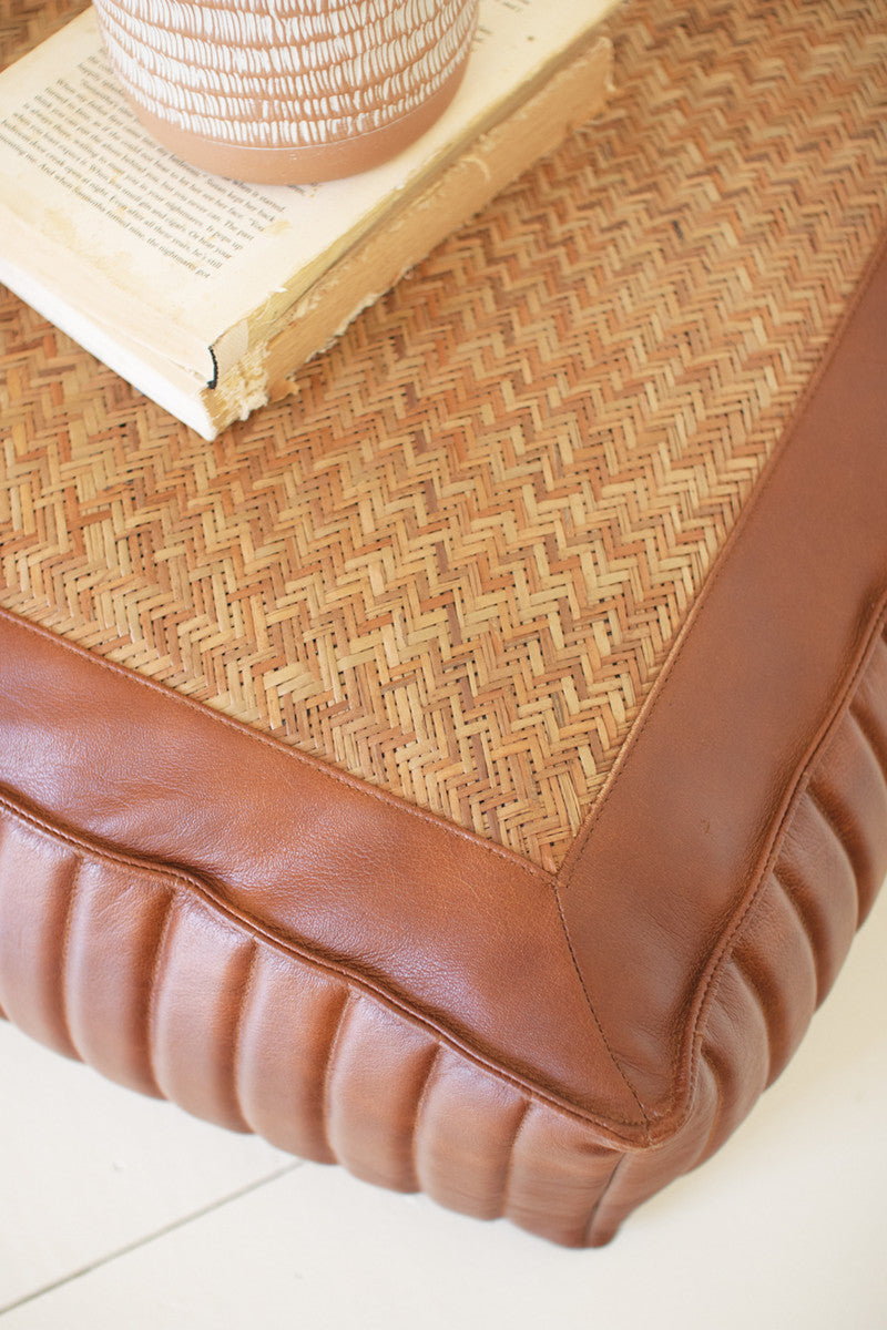 Square Pouf with Leather and Woven Cane