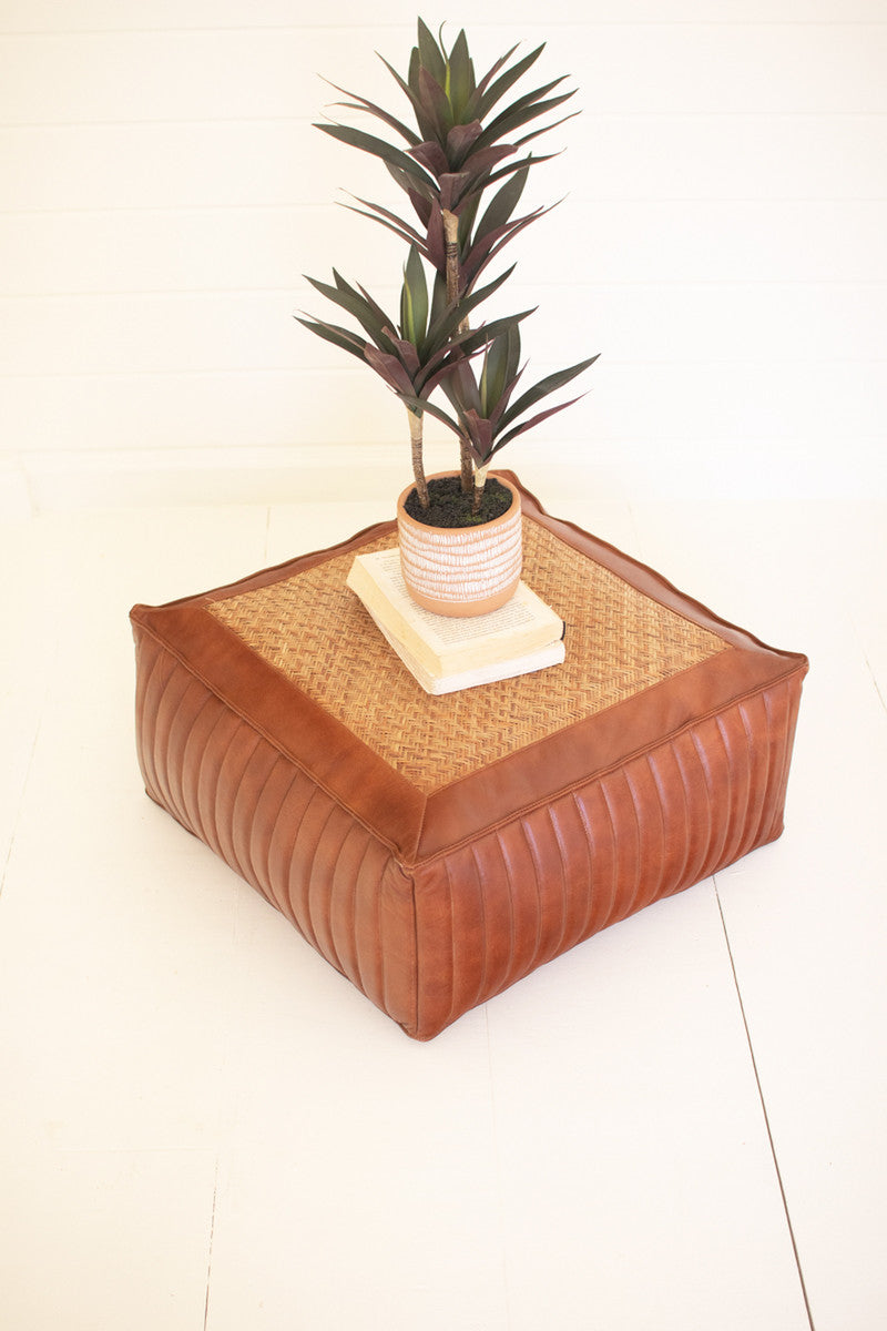 Square Pouf with Leather and Woven Cane