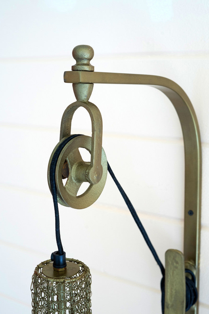 Antique Brass Pulley Wall Lamp With Pleated Brass Shade