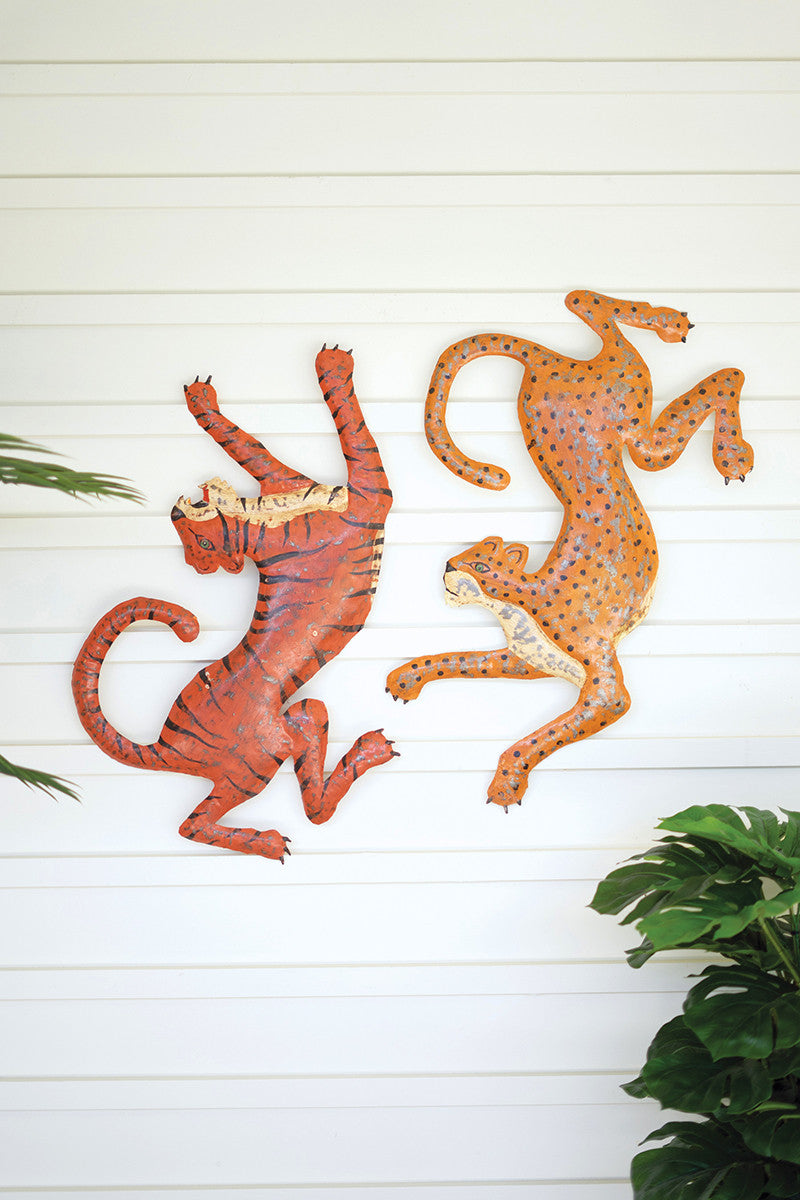 Two Hand Hammered Recycled Cheetah and Tiger Wall Hanging