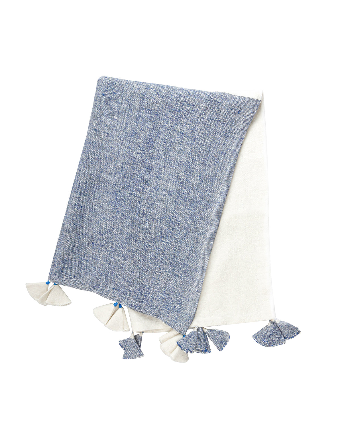 Chambray Blue Color blocked Linen Blanket with Tassels