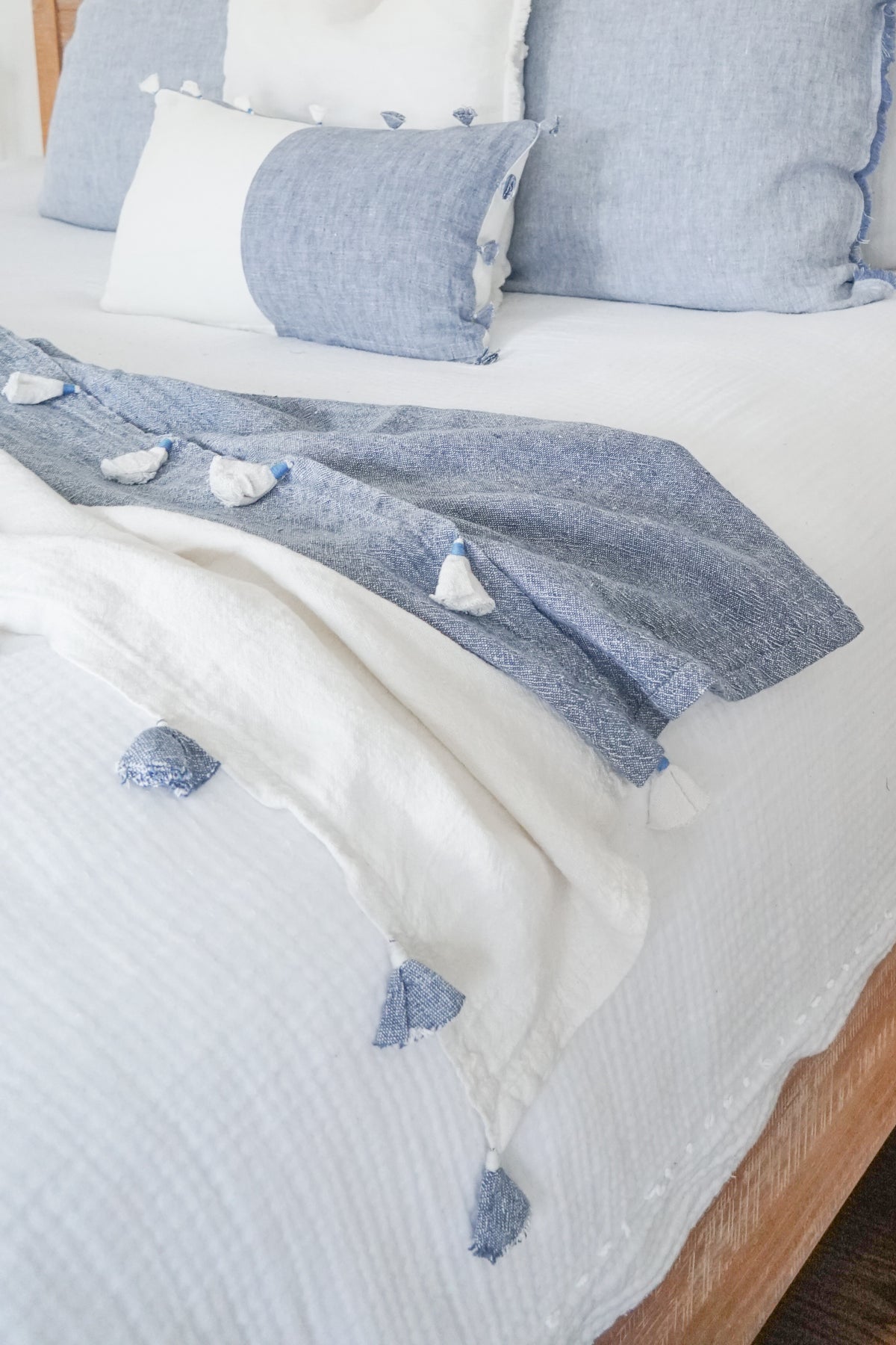 Chambray Blue Color blocked Linen Blanket with Tassels