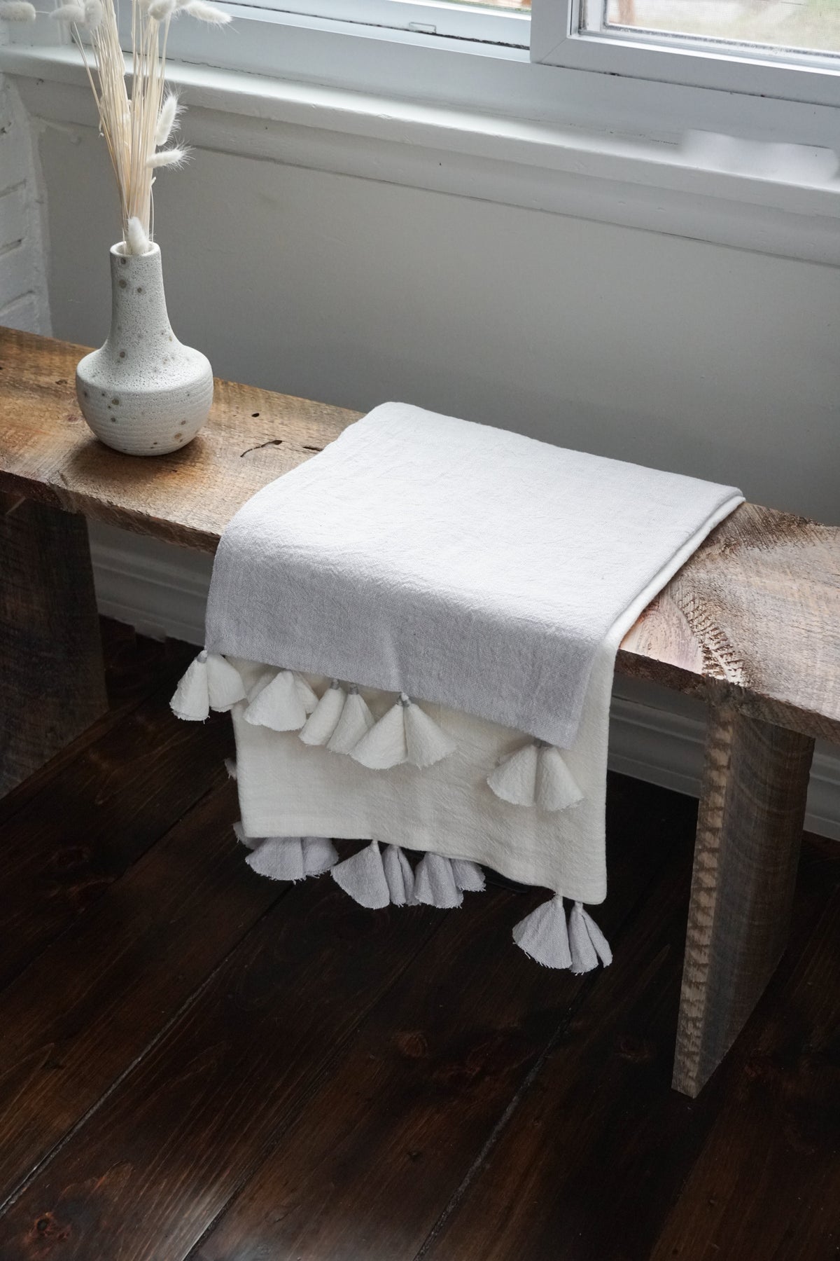Light Grey Colorblocked Linen Blanket with Tassels