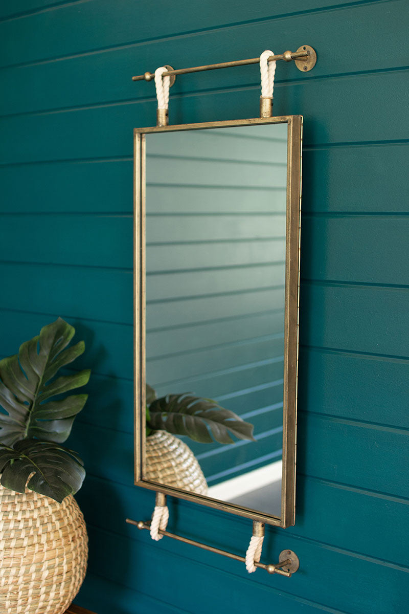 Hanging Mirror With Antique Brass Frame and Rope Detail