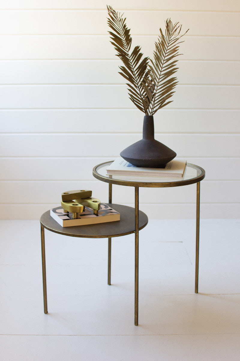Double Round Accent Tables W Antique Brass and Glass Tops