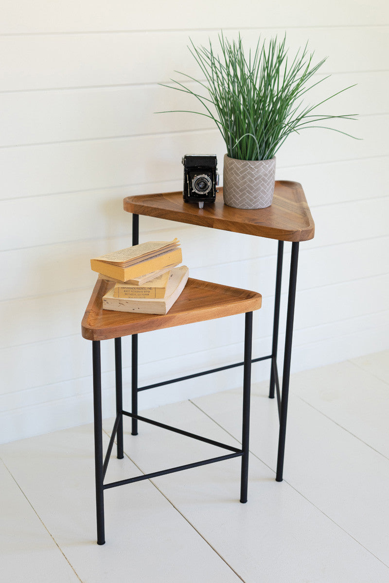 Triangle Acacia Wood Side Tables With Iron Bases