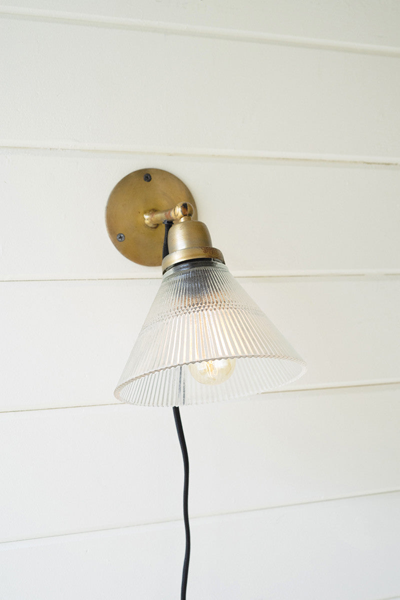 Antique Brass Wall Lamp With Glass Cone Shade