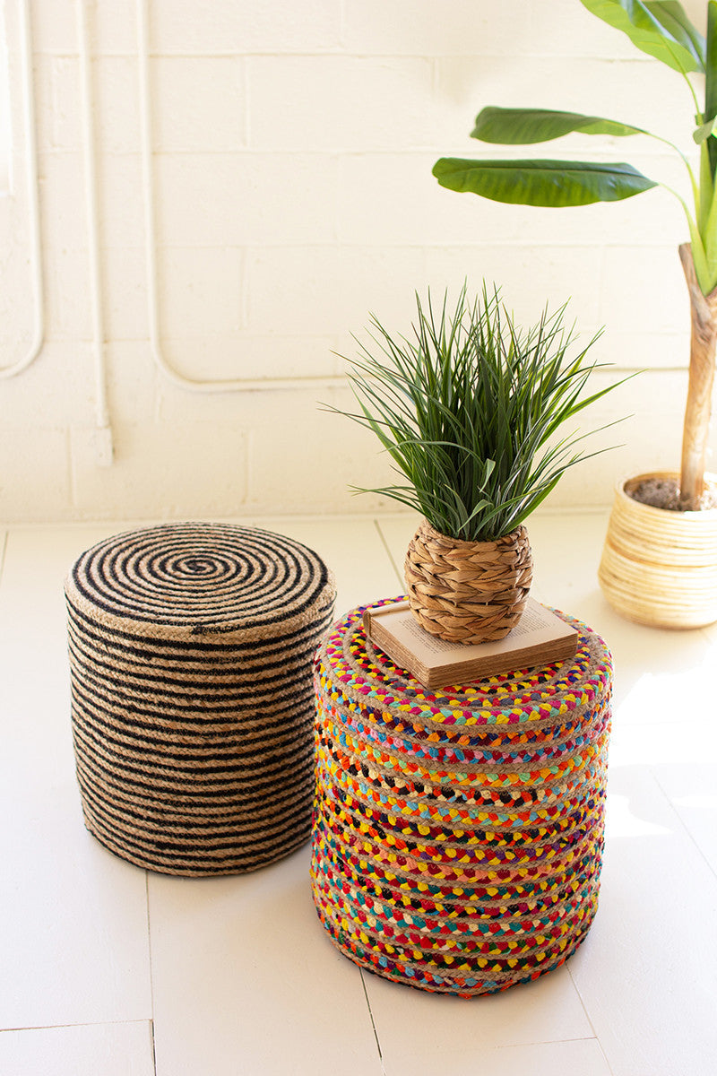 Black and Natural Round Jute Pouf