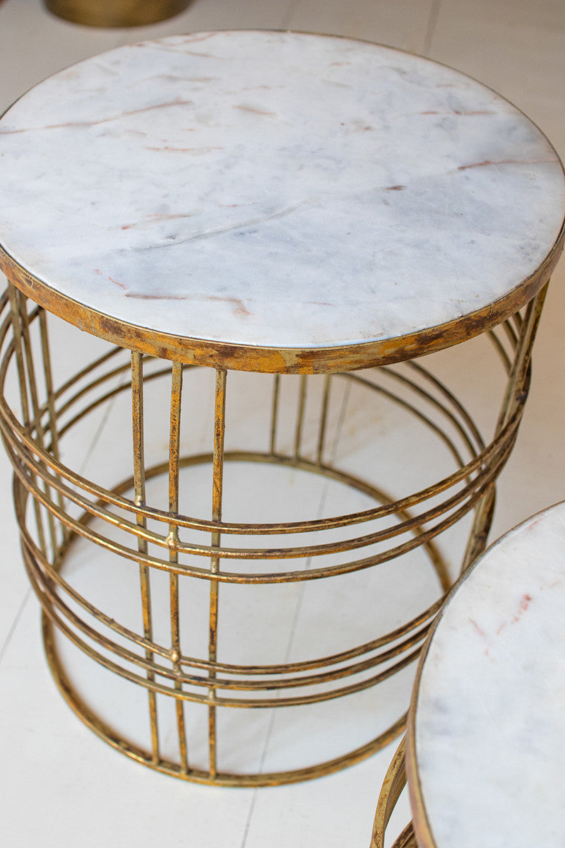 Two Round Marble and Gold Top Tables