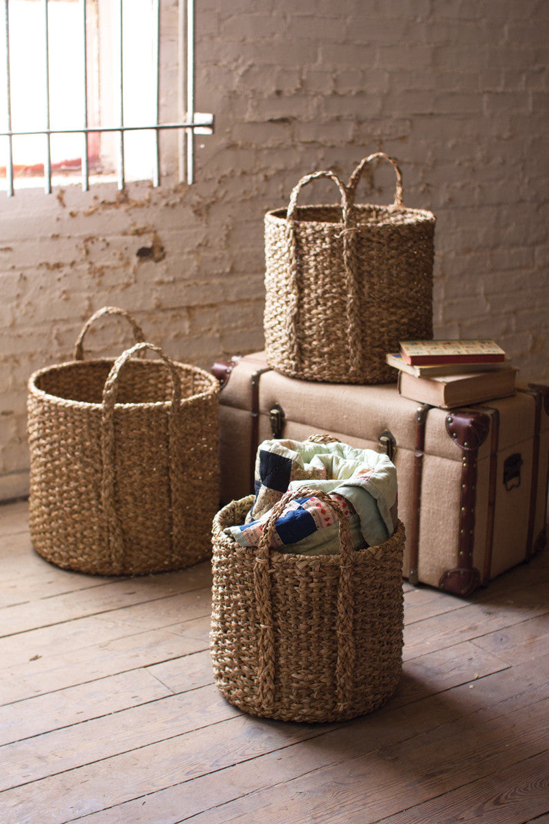 Set of 3 Round Braided Seagrass Storage Baskets W Handles