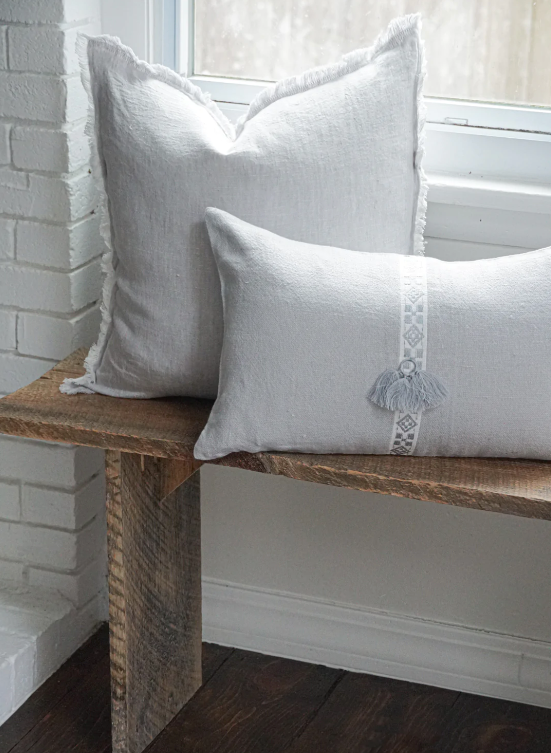 Light Grey Geo Trim Linen Pillows