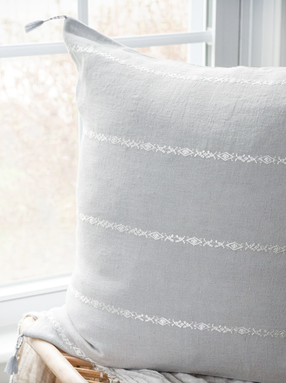 Light Grey & White Embr Stripes Linen Pillow