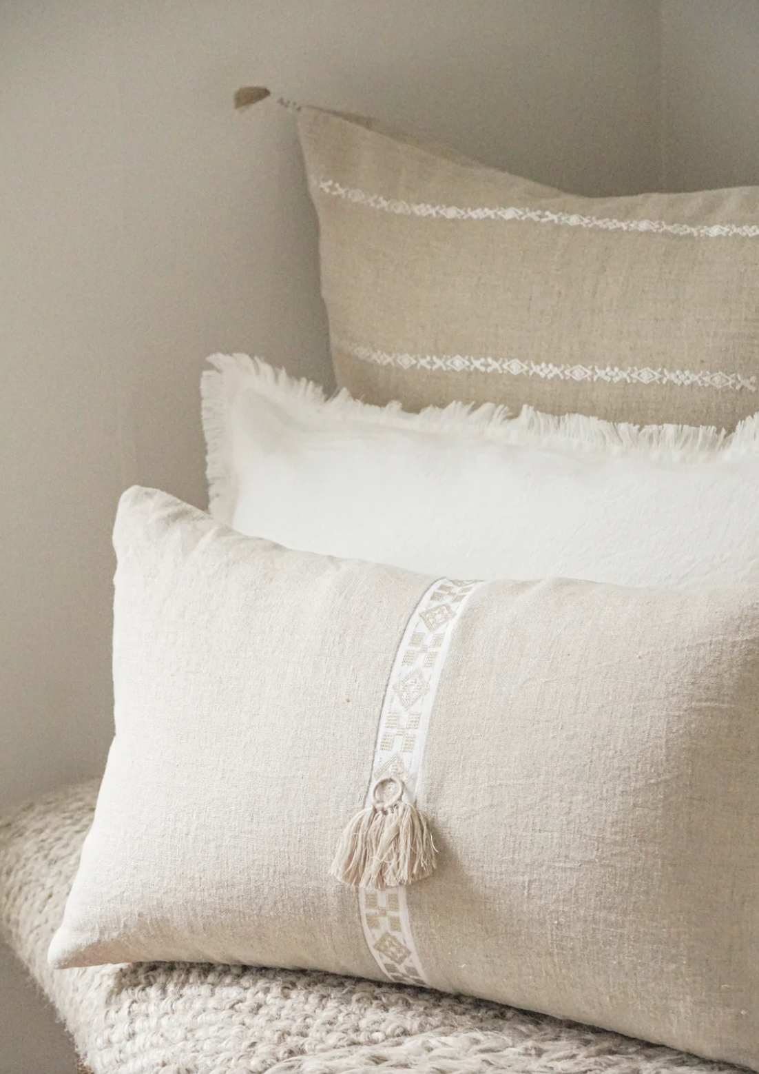 Natural Beige & White Embr Stripes Linen Pillow