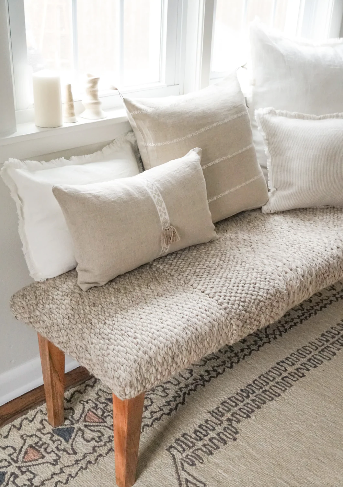 Natural Beige & White Embr Stripes Linen Pillow