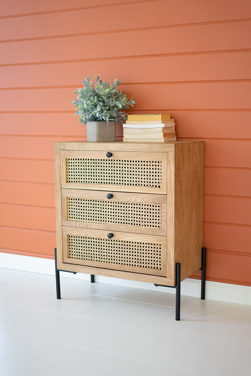 Wooden Bedside Table With Three Woven Cane Drawers